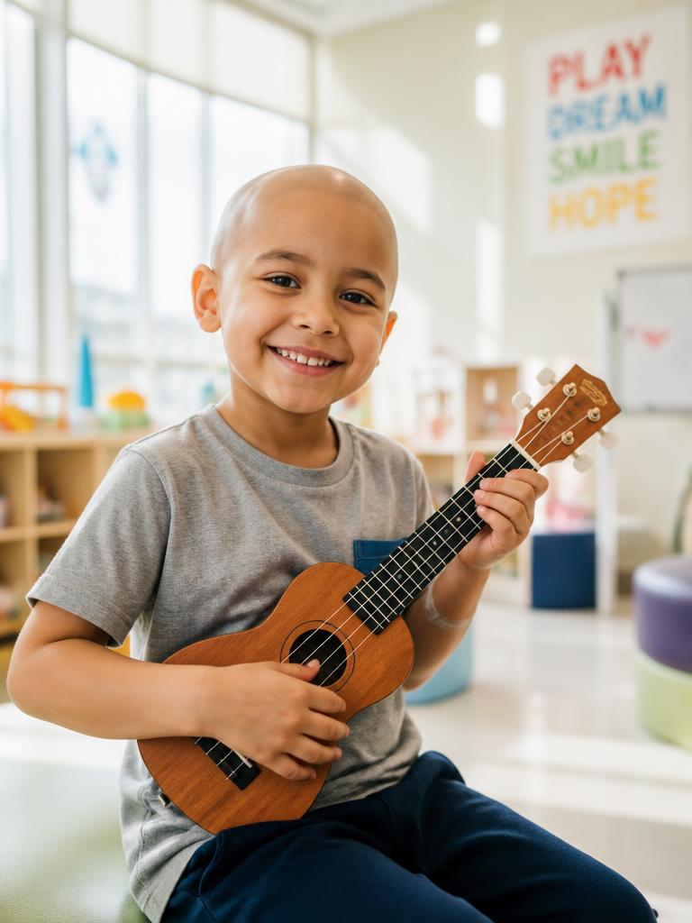 A smiling child playing a ukulele in a bright hospital playroom